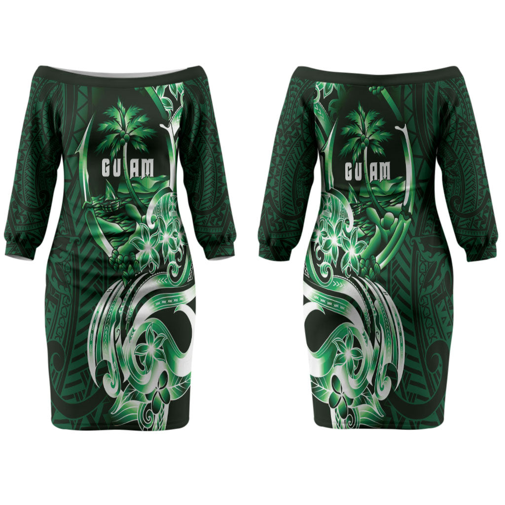 Betde Guam Chamorro Family Matching Off The Shoulder Long Sleeve Dress and Hawaiian Shirt Guahan Seal Tattoo LT14 Mom's Dress Green - Polynesian Pride