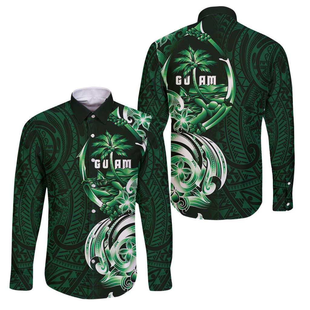 Betde Guam Chamorro Family Matching Puletasi and Hawaiian Shirt Guahan Seal Tattoo LT14 Dad's Shirt - Long Sleeve Green - Polynesian Pride