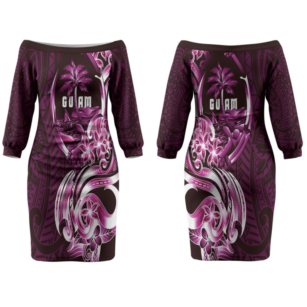 Kulot Di Rosa Guam Chamorro Couples Matching Off The Shoulder Long Sleeve Dress and Hawaiian Shirt Guahan Seal Tattoo LT14 - Polynesian Pride