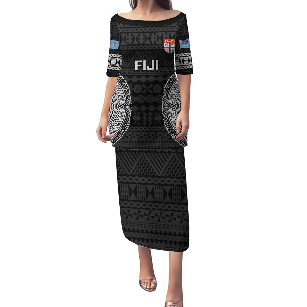 Fiji Rugby Puletasi 2023 Fijian Tapa Pattern World Cup Black LT14 Long Dress Black - Polynesian Pride