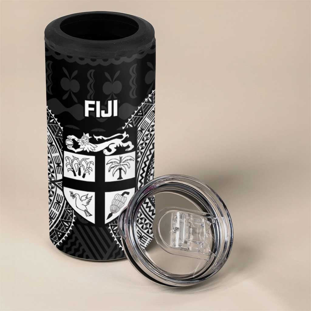 Fiji Rugby 4 in 1 Can Cooler Tumbler Fijian Tapa Pattern World Cup Black