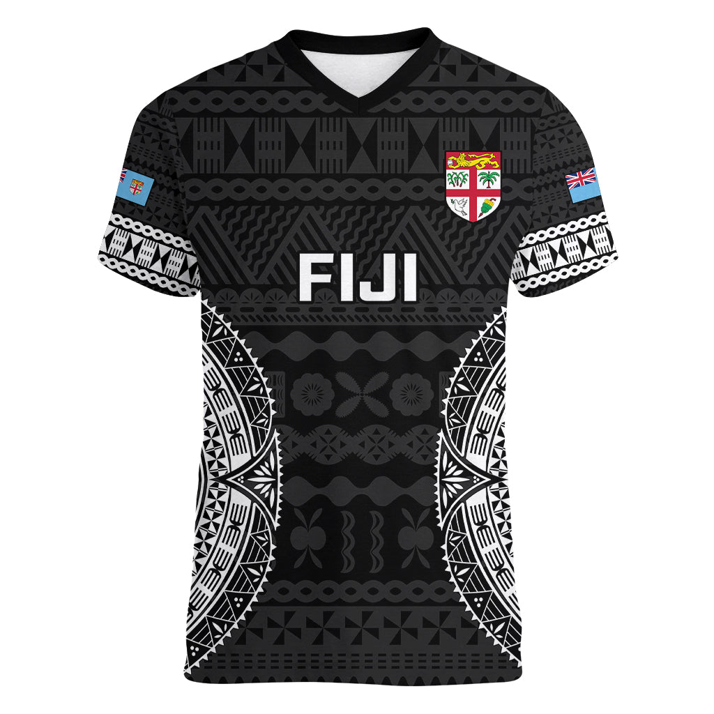 Custom Fiji Rugby Women V Neck T Shirt 2023 Fijian Tapa Pattern World Cup Black LT14 Female Black - Polynesian Pride