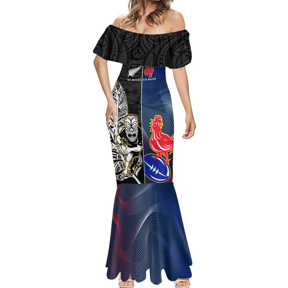 New Zealand And France Rugby Mermaid Dress All Black With Les Bleus Together 2023 World Cup LT14 - Polynesian Pride