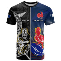 New Zealand And France Rugby T Shirt All Black With Les Bleus Together 2023 World Cup LT14 Black - Polynesian Pride