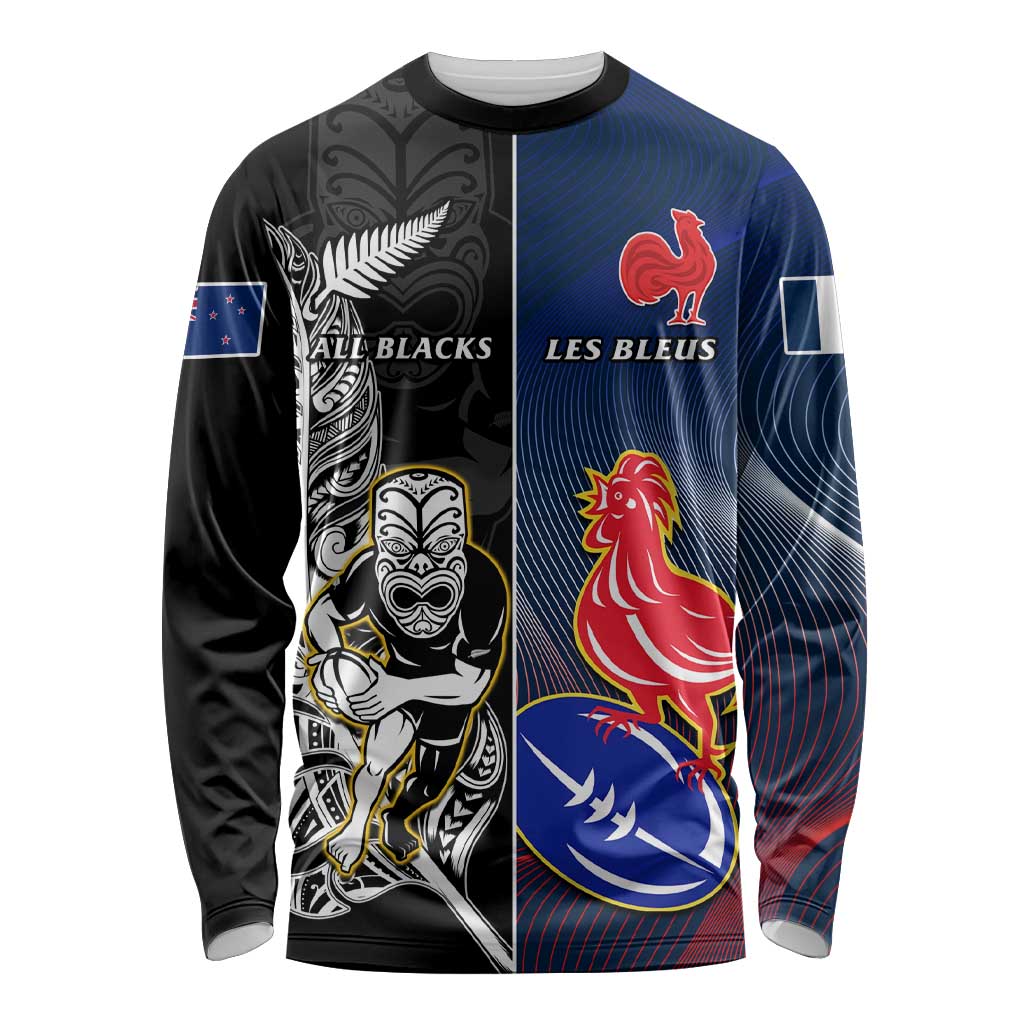 Custom New Zealand And France Rugby Long Sleeve Shirt All Black With Les Bleus Together 2023 World Cup LT14 Unisex Black - Polynesian Pride