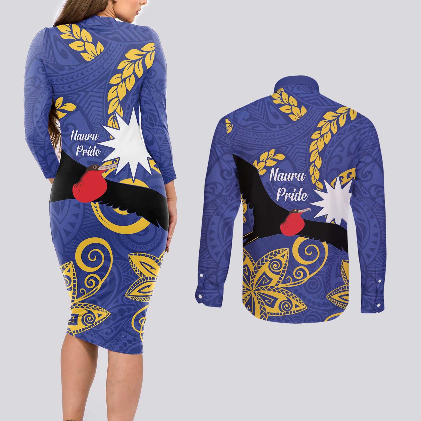 Nauru Angam Day Couples Matching Long Sleeve Bodycon Dress and Long Sleeve Button Shirt Naoero Frigate Bird Polynesian Pattern LT14 - Polynesian Pride