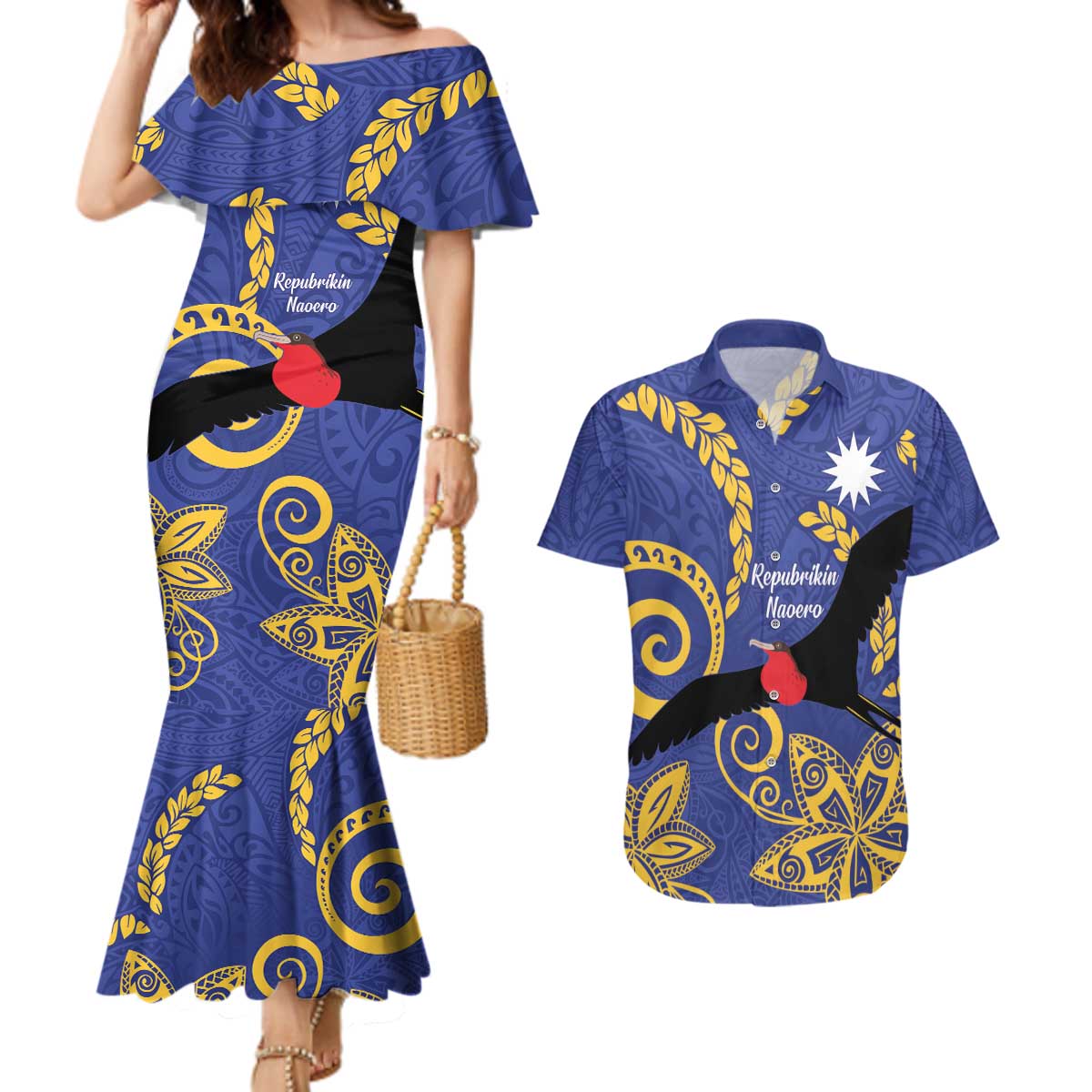 Nauru Angam Day Couples Matching Mermaid Dress and Hawaiian Shirt Naoero Frigate Bird Polynesian Pattern LT14 Blue - Polynesian Pride