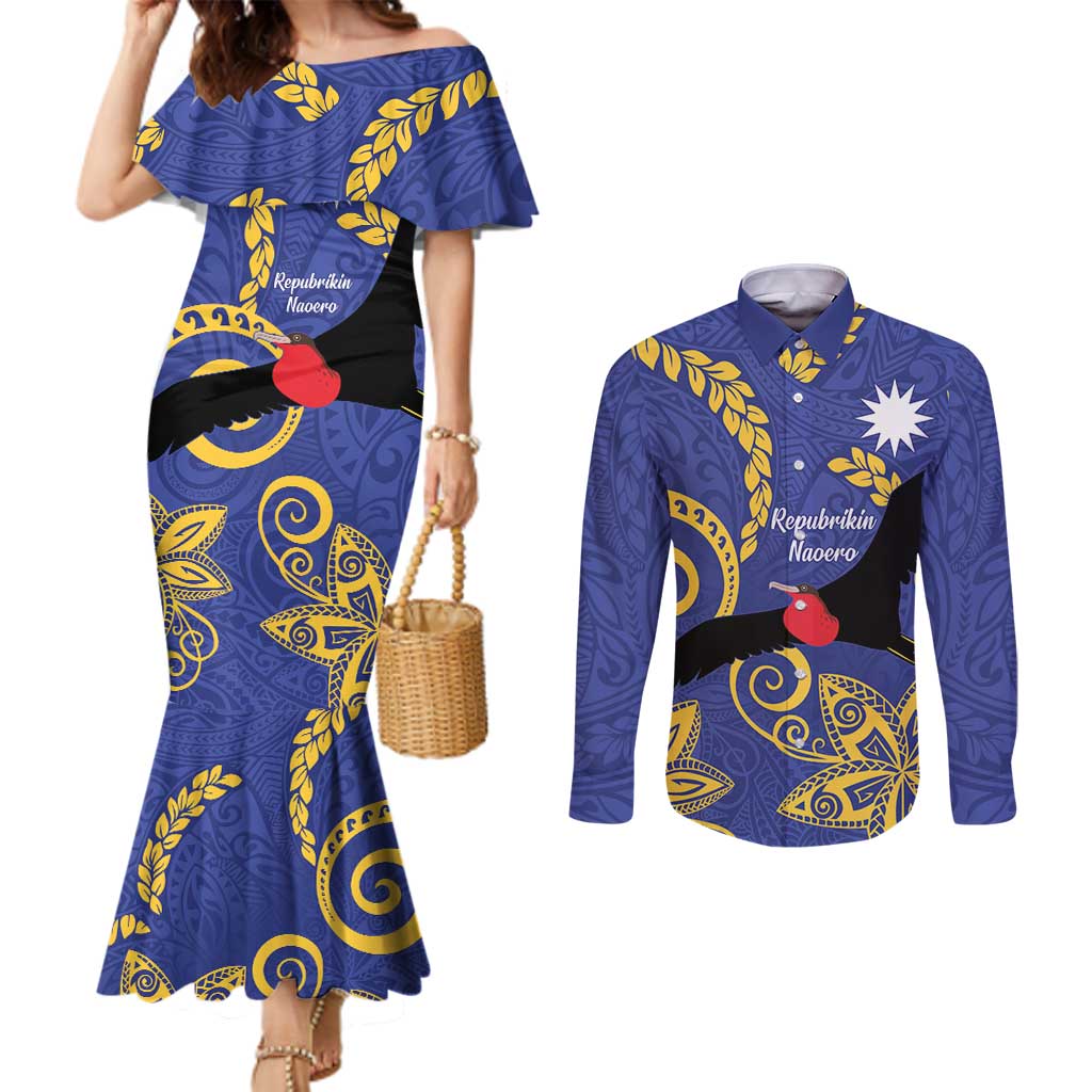 Nauru Angam Day Couples Matching Mermaid Dress and Long Sleeve Button Shirt Naoero Frigate Bird Polynesian Pattern LT14 Blue - Polynesian Pride
