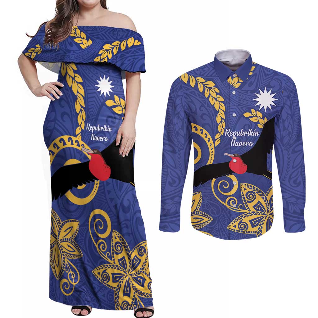 Nauru Angam Day Couples Matching Off Shoulder Maxi Dress and Long Sleeve Button Shirt Naoero Frigate Bird Polynesian Pattern LT14 Blue - Polynesian Pride
