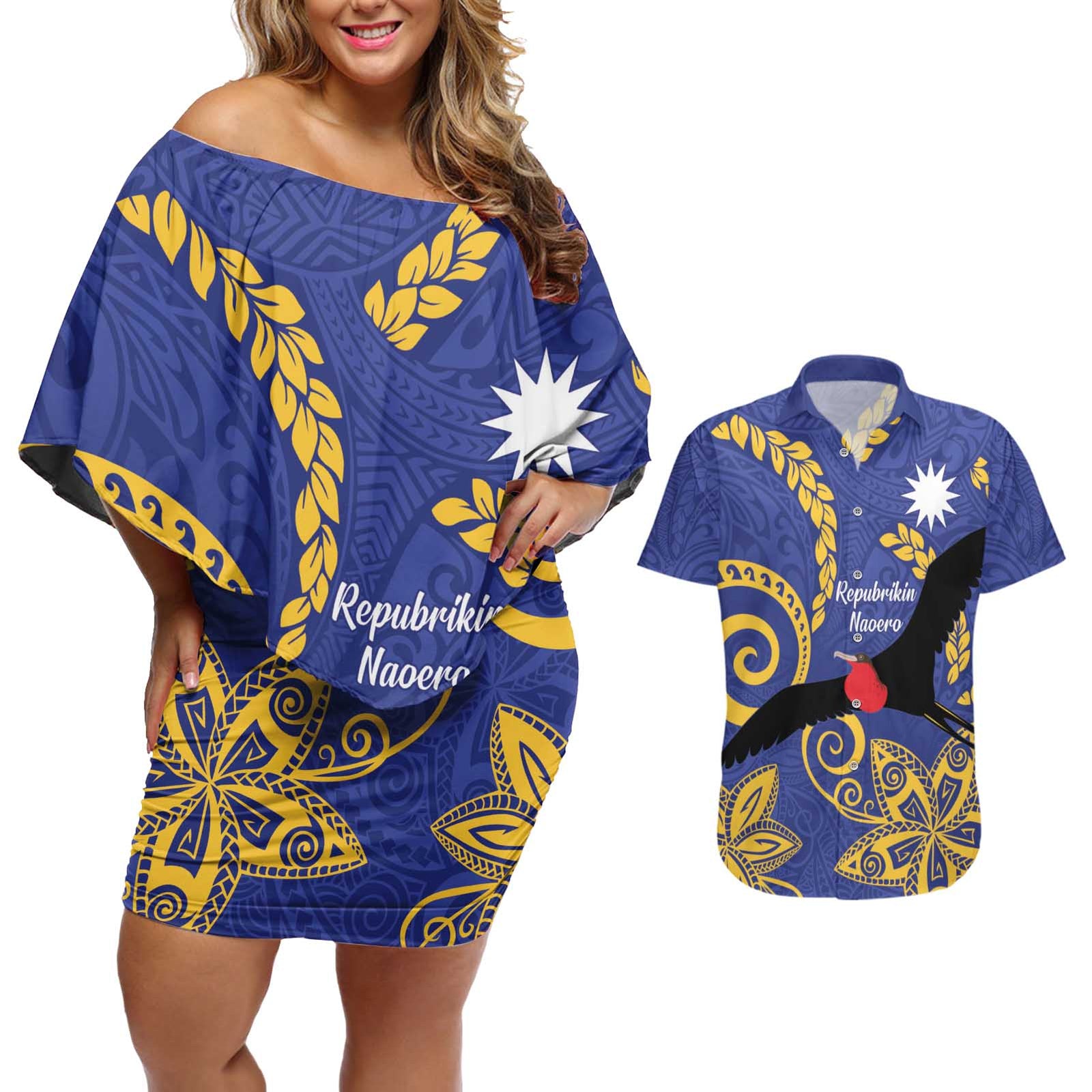 Nauru Angam Day Couples Matching Off Shoulder Short Dress and Hawaiian Shirt Naoero Frigate Bird Polynesian Pattern LT14 Blue - Polynesian Pride