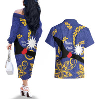 Nauru Angam Day Couples Matching Off The Shoulder Long Sleeve Dress and Hawaiian Shirt Naoero Frigate Bird Polynesian Pattern