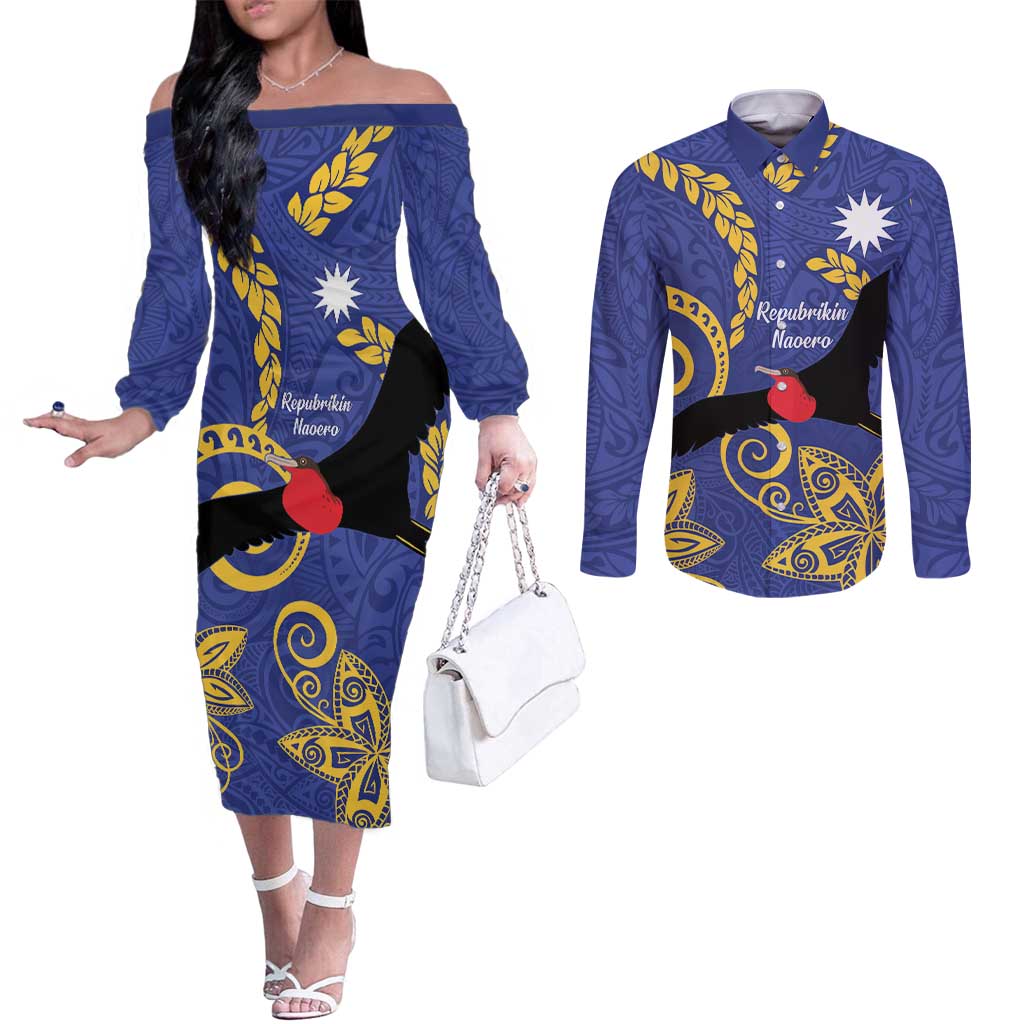 Nauru Angam Day Couples Matching Off The Shoulder Long Sleeve Dress and Long Sleeve Button Shirt Naoero Frigate Bird Polynesian Pattern LT14 Blue - Polynesian Pride