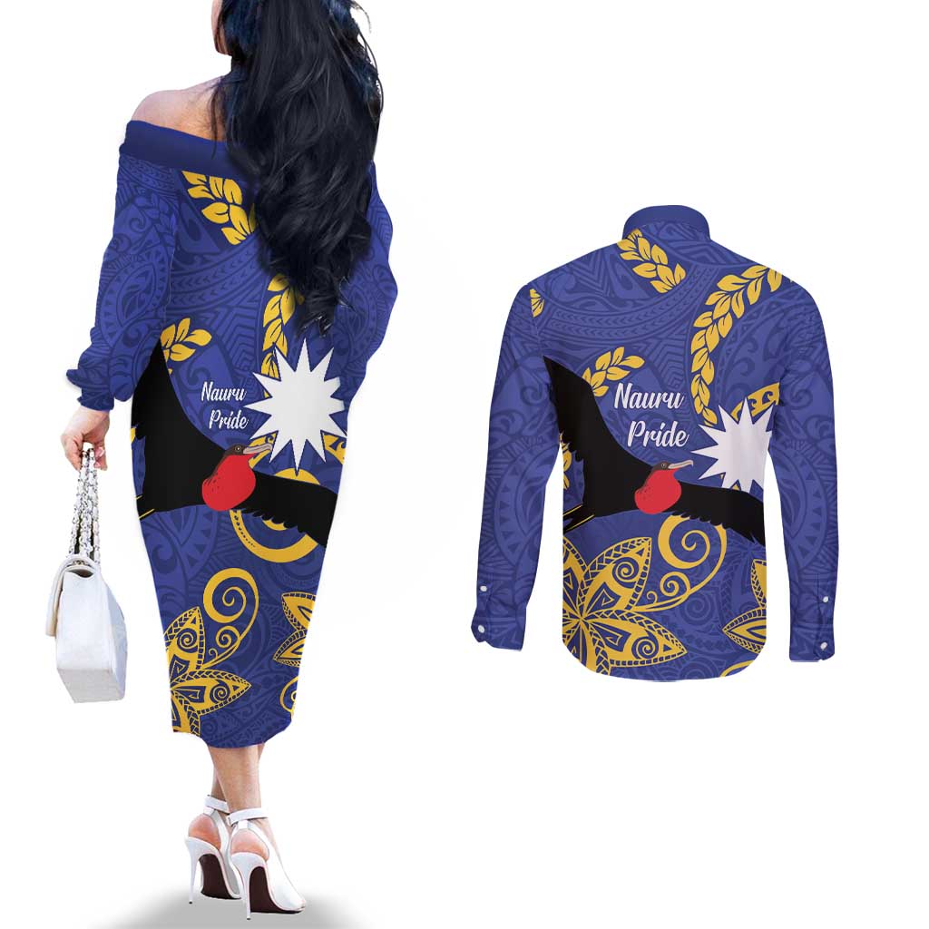 Nauru Angam Day Couples Matching Off The Shoulder Long Sleeve Dress and Long Sleeve Button Shirt Naoero Frigate Bird Polynesian Pattern