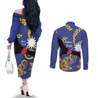 Nauru Angam Day Couples Matching Off The Shoulder Long Sleeve Dress and Long Sleeve Button Shirt Naoero Frigate Bird Polynesian Pattern