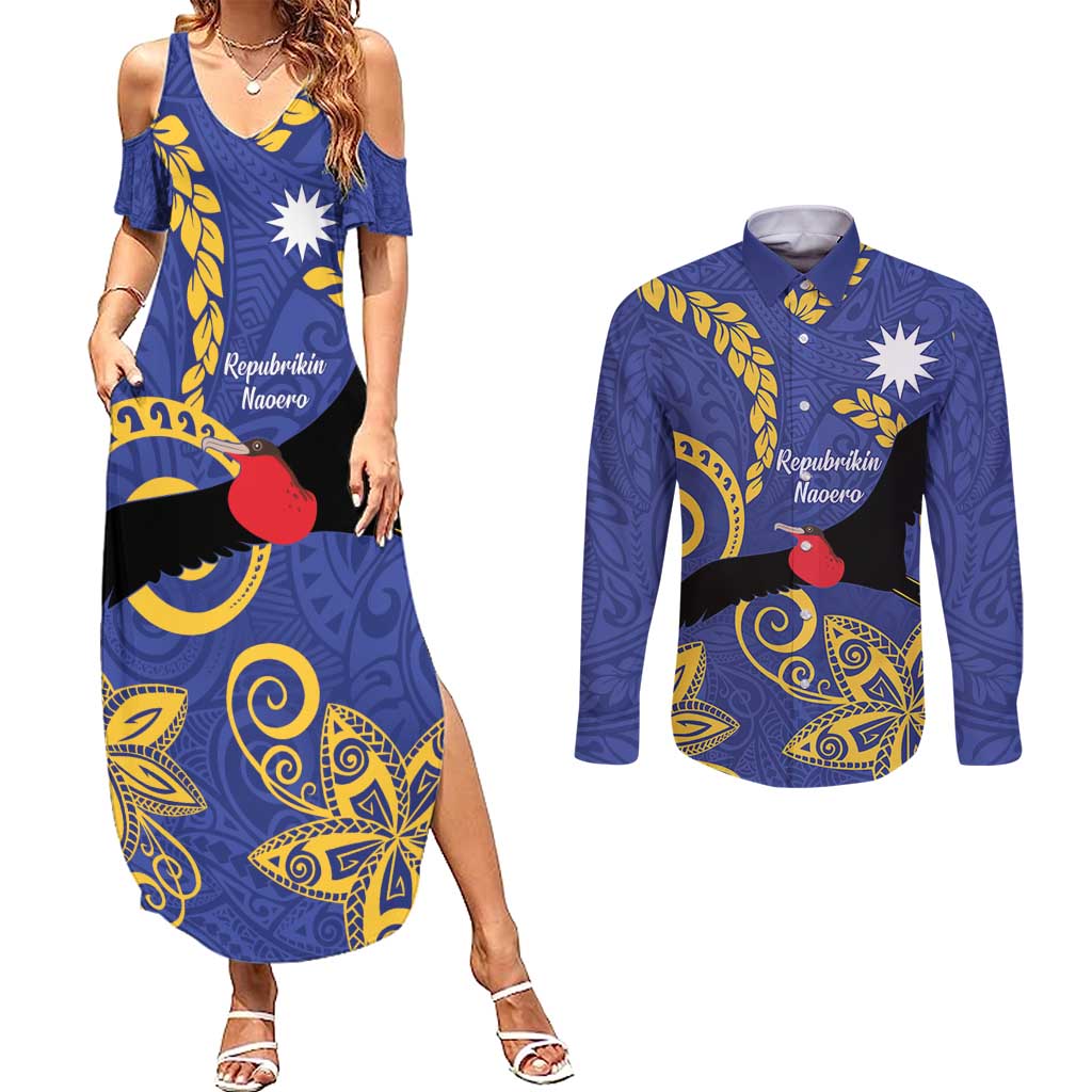 Nauru Angam Day Couples Matching Summer Maxi Dress and Long Sleeve Button Shirt Naoero Frigate Bird Polynesian Pattern LT14 Blue - Polynesian Pride
