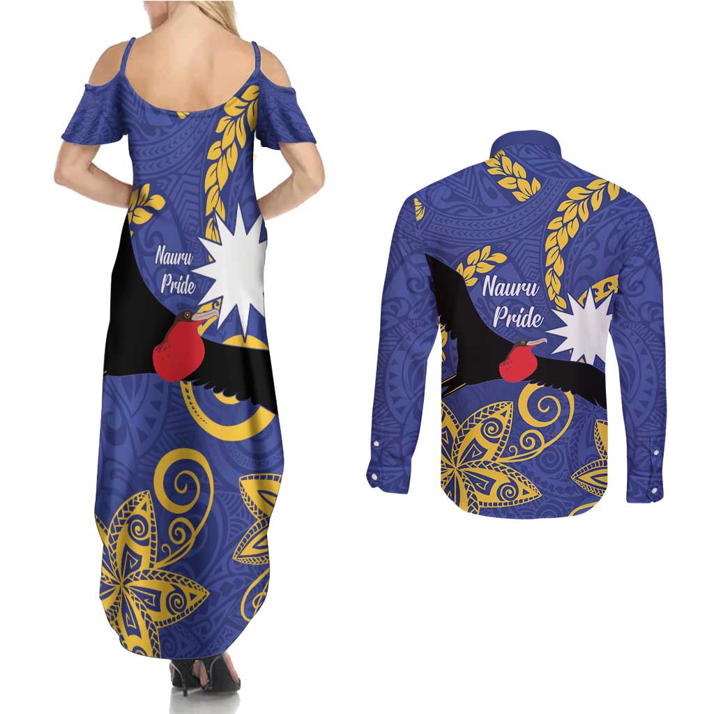 Nauru Angam Day Couples Matching Summer Maxi Dress and Long Sleeve Button Shirt Naoero Frigate Bird Polynesian Pattern LT14 - Polynesian Pride
