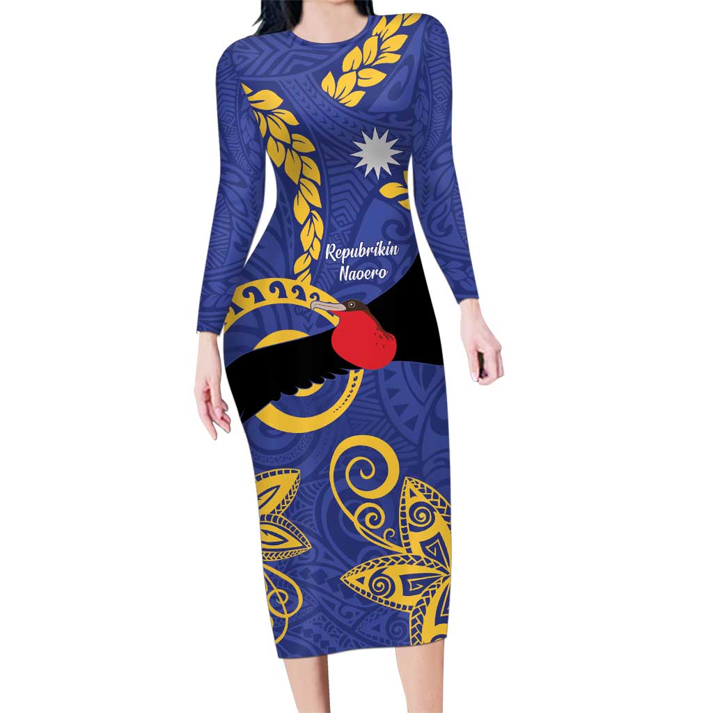 Nauru Angam Day Family Matching Long Sleeve Bodycon Dress and Hawaiian Shirt Naoero Frigate Bird Polynesian Pattern LT14 Mom's Dress Blue - Polynesian Pride