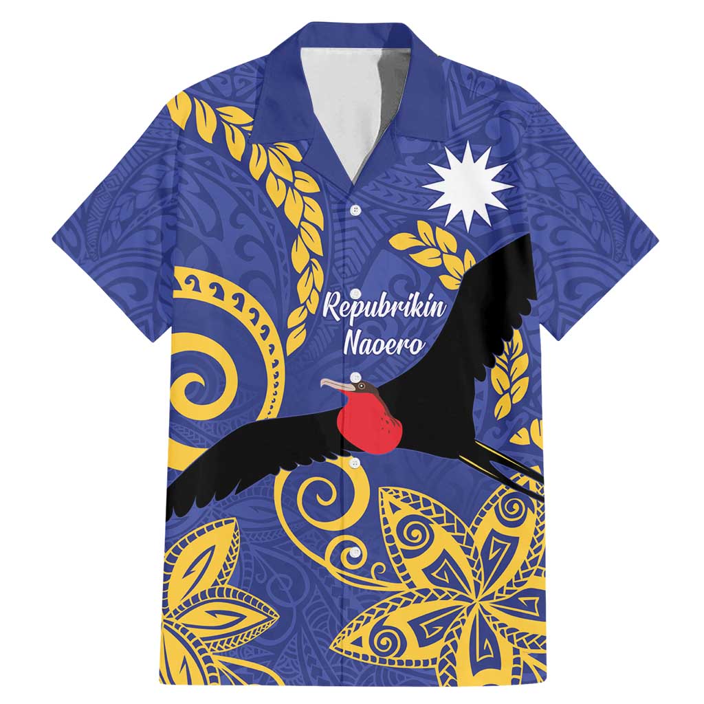 Nauru Angam Day Family Matching Mermaid Dress and Hawaiian Shirt Naoero Frigate Bird Polynesian Pattern LT14 Dad's Shirt - Short Sleeve Blue - Polynesian Pride
