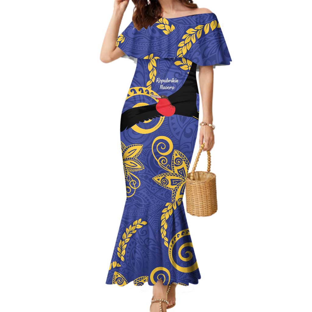 Nauru Angam Day Family Matching Mermaid Dress and Hawaiian Shirt Naoero Frigate Bird Polynesian Pattern LT14 Mom's Dress Blue - Polynesian Pride