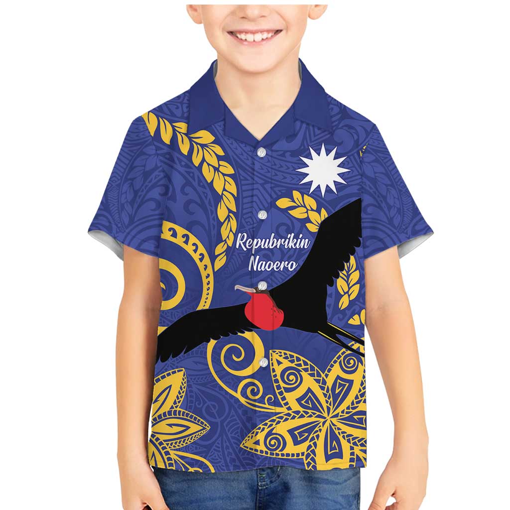 Nauru Angam Day Family Matching Mermaid Dress and Hawaiian Shirt Naoero Frigate Bird Polynesian Pattern LT14 Son's Shirt Blue - Polynesian Pride