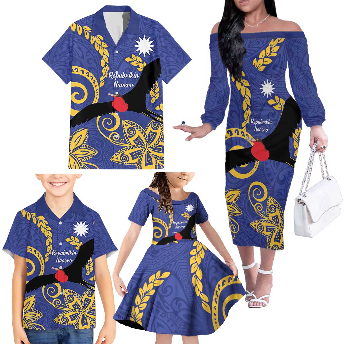 Nauru Angam Day Family Matching Off The Shoulder Long Sleeve Dress and Hawaiian Shirt Naoero Frigate Bird Polynesian Pattern LT14 - Polynesian Pride