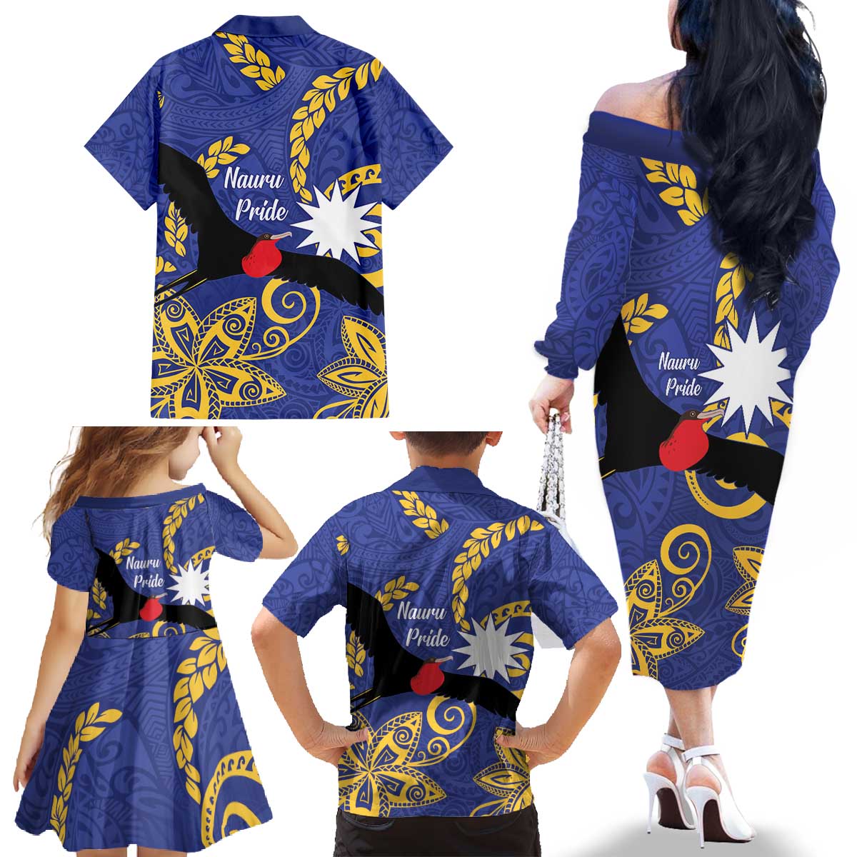 Nauru Angam Day Family Matching Off The Shoulder Long Sleeve Dress and Hawaiian Shirt Naoero Frigate Bird Polynesian Pattern LT14 - Polynesian Pride