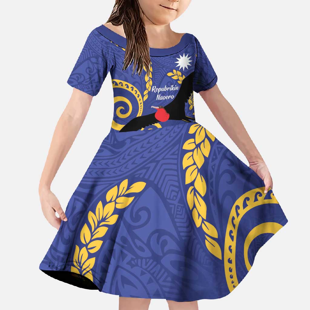 Nauru Angam Day Family Matching Off Shoulder Maxi Dress and Hawaiian Shirt Naoero Frigate Bird Polynesian Pattern LT14 Daughter's Dress Blue - Polynesian Pride