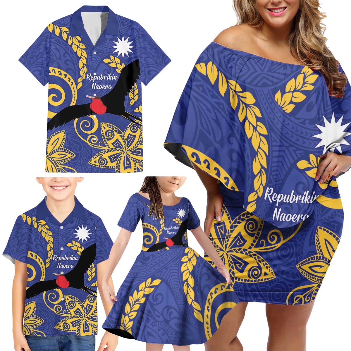 Nauru Angam Day Family Matching Off Shoulder Short Dress and Hawaiian Shirt Naoero Frigate Bird Polynesian Pattern LT14 - Polynesian Pride