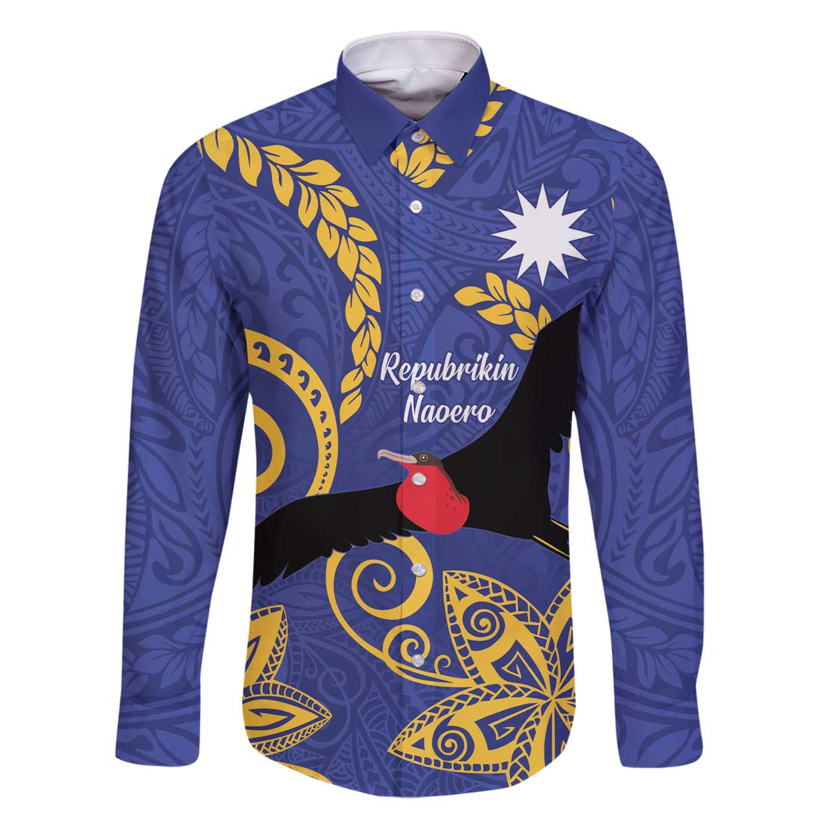 Nauru Angam Day Family Matching Off Shoulder Short Dress and Hawaiian Shirt Naoero Frigate Bird Polynesian Pattern LT14 Dad's Shirt - Long Sleeve Blue - Polynesian Pride