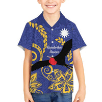 Nauru Angam Day Family Matching Off Shoulder Short Dress and Hawaiian Shirt Naoero Frigate Bird Polynesian Pattern LT14 Son's Shirt Blue - Polynesian Pride