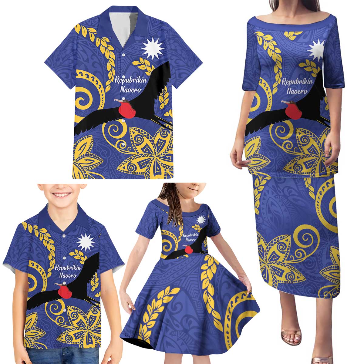 Nauru Angam Day Family Matching Puletasi and Hawaiian Shirt Naoero Frigate Bird Polynesian Pattern LT14 - Polynesian Pride