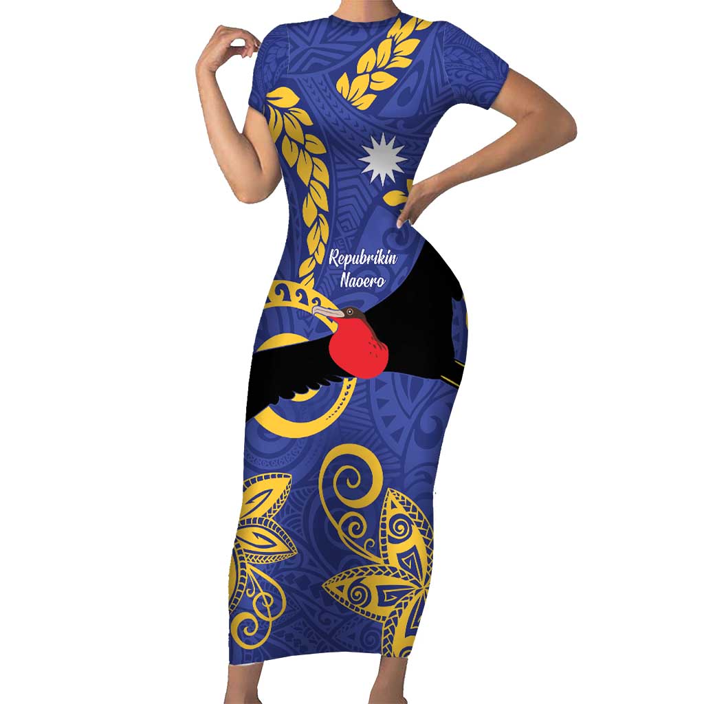 Nauru Angam Day Family Matching Short Sleeve Bodycon Dress and Hawaiian Shirt Naoero Frigate Bird Polynesian Pattern LT14 Mom's Dress Blue - Polynesian Pride