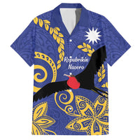 Nauru Angam Day Family Matching Summer Maxi Dress and Hawaiian Shirt Naoero Frigate Bird Polynesian Pattern LT14 Dad's Shirt - Short Sleeve Blue - Polynesian Pride