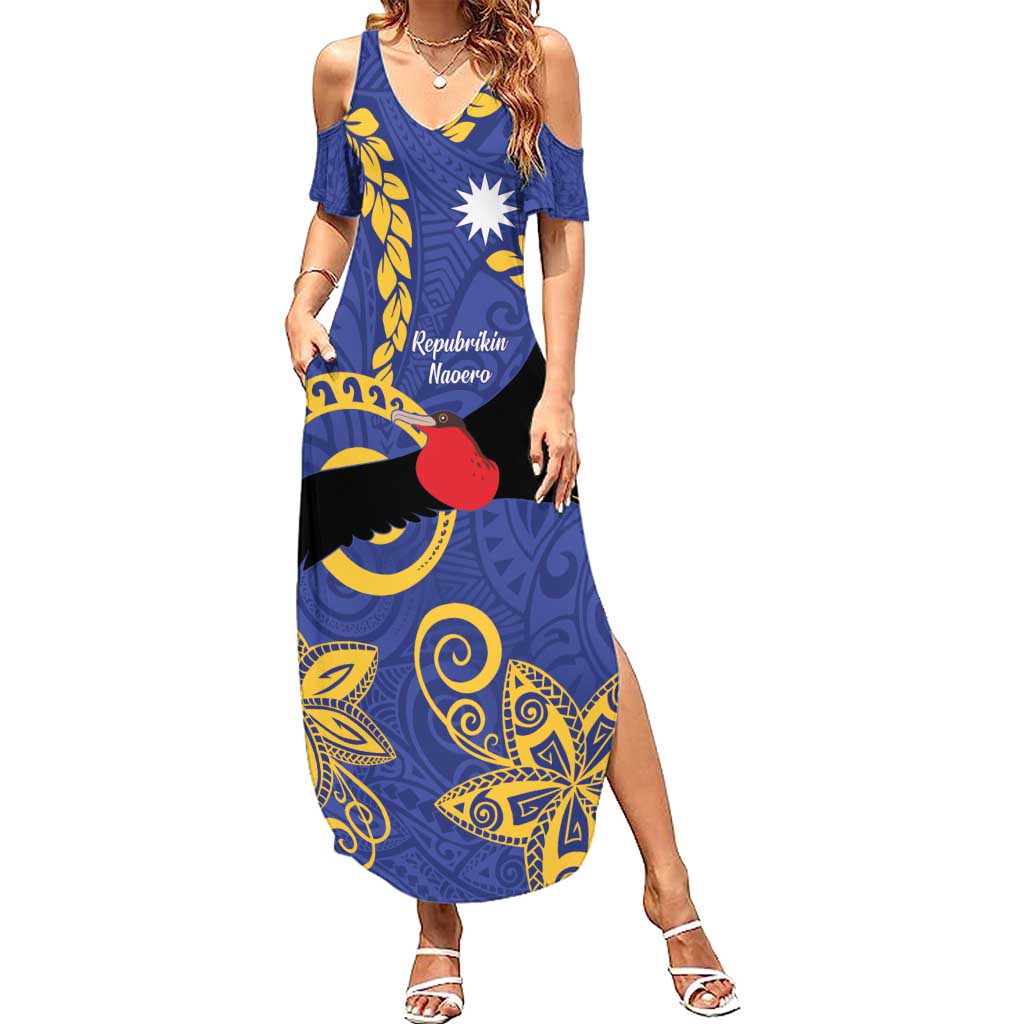 Nauru Angam Day Family Matching Summer Maxi Dress and Hawaiian Shirt Naoero Frigate Bird Polynesian Pattern LT14 Mom's Dress Blue - Polynesian Pride