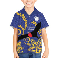 Nauru Angam Day Family Matching Summer Maxi Dress and Hawaiian Shirt Naoero Frigate Bird Polynesian Pattern LT14 Son's Shirt Blue - Polynesian Pride