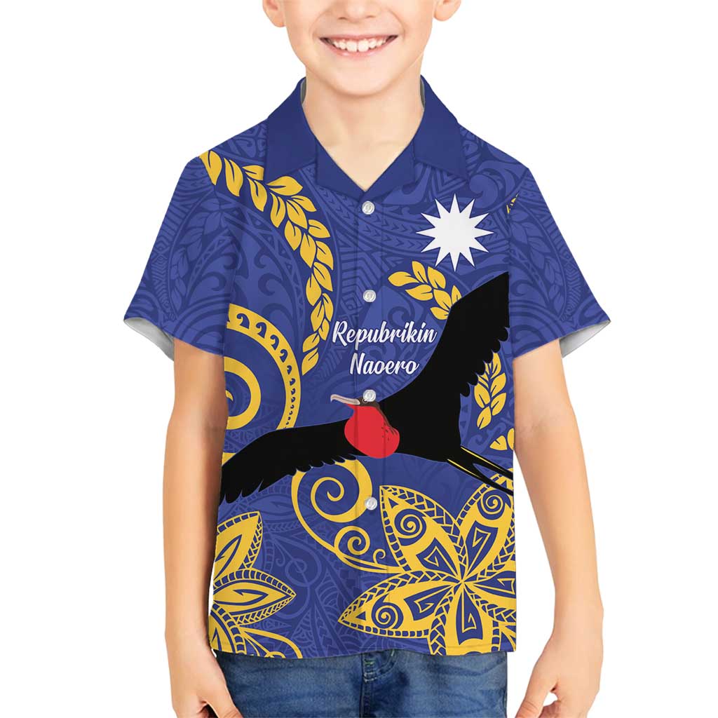 Nauru Angam Day Family Matching Tank Maxi Dress and Hawaiian Shirt Naoero Frigate Bird Polynesian Pattern LT14 Son's Shirt Blue - Polynesian Pride