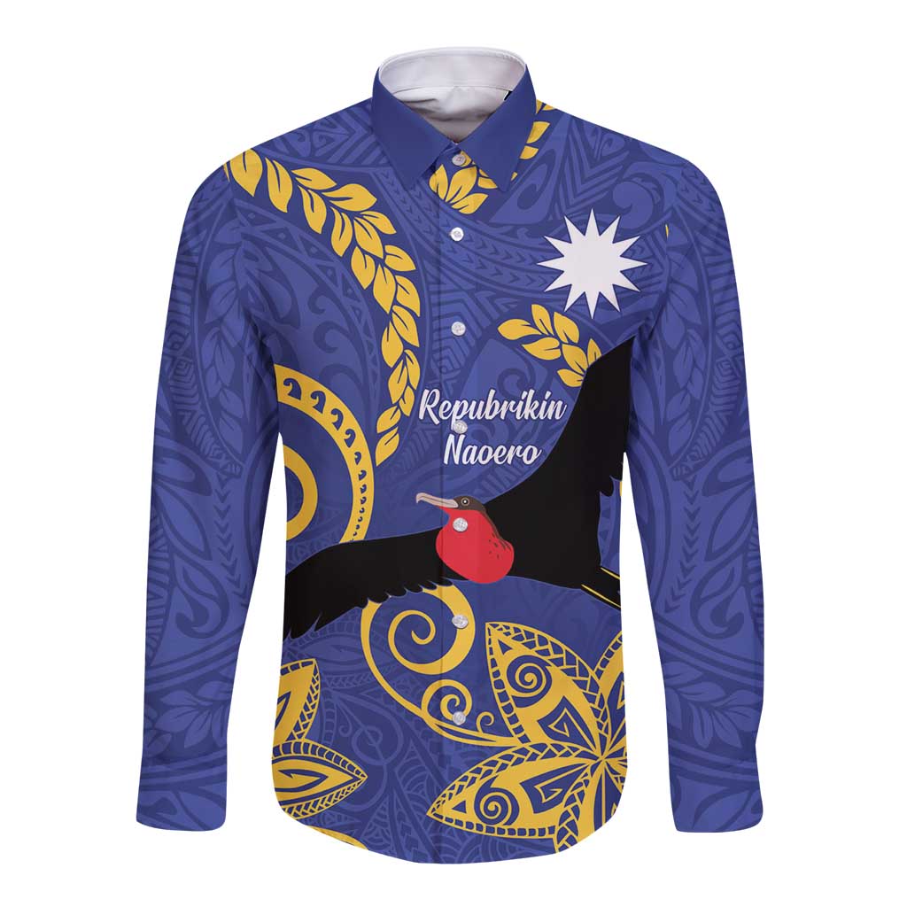 Nauru Angam Day Long Sleeve Button Shirt Naoero Frigate Bird Polynesian Pattern LT14 Unisex Blue - Polynesian Pride