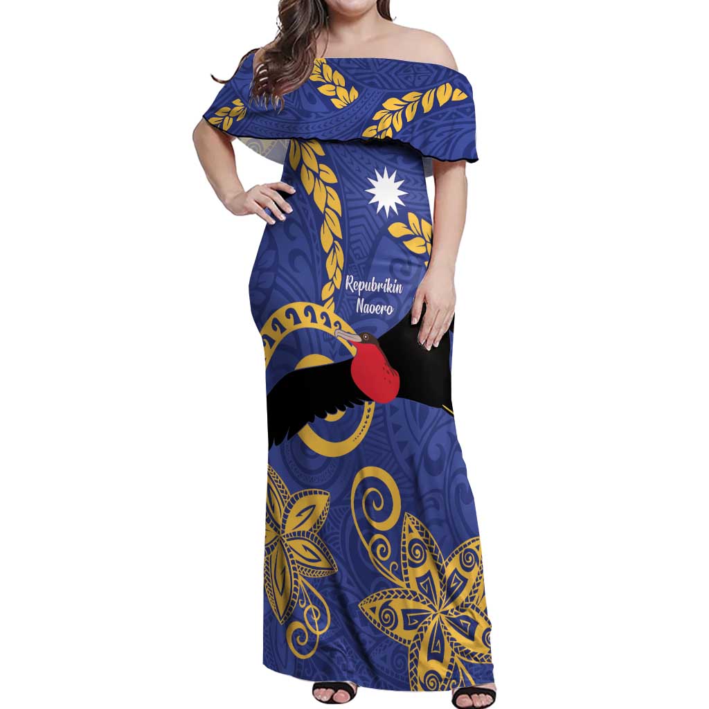 Nauru Angam Day Off Shoulder Maxi Dress Naoero Frigate Bird Polynesian Pattern LT14 Women Blue - Polynesian Pride