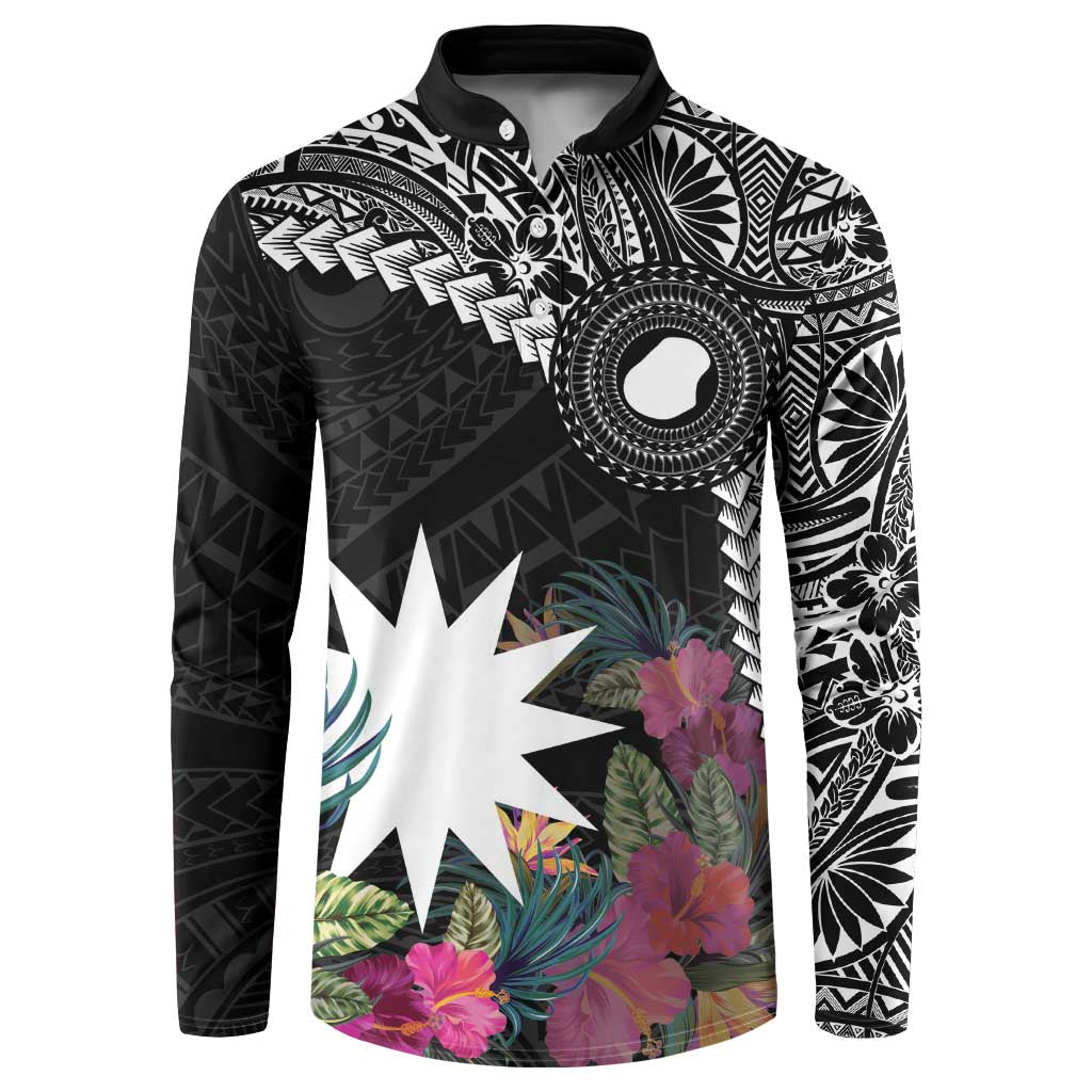 Black Nauru Button Sweatshirt Naoero Map With Polynesian Tropical Flowers LT14 Black - Polynesian Pride