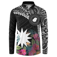 Black Nauru Button Sweatshirt Naoero Map With Polynesian Tropical Flowers LT14 Black - Polynesian Pride