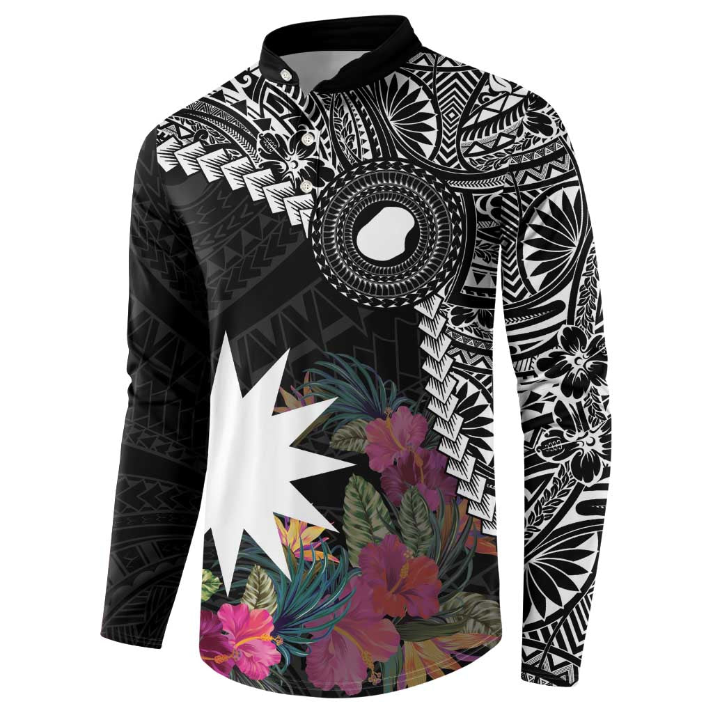Black Nauru Button Sweatshirt Naoero Map With Polynesian Tropical Flowers LT14 - Polynesian Pride