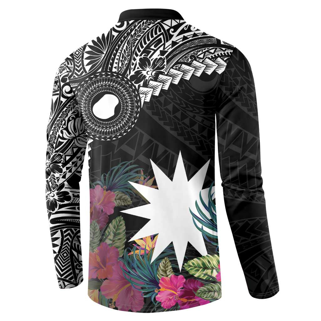Black Nauru Button Sweatshirt Naoero Map With Polynesian Tropical Flowers LT14 - Polynesian Pride
