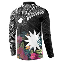 Black Nauru Button Sweatshirt Naoero Map With Polynesian Tropical Flowers LT14 - Polynesian Pride