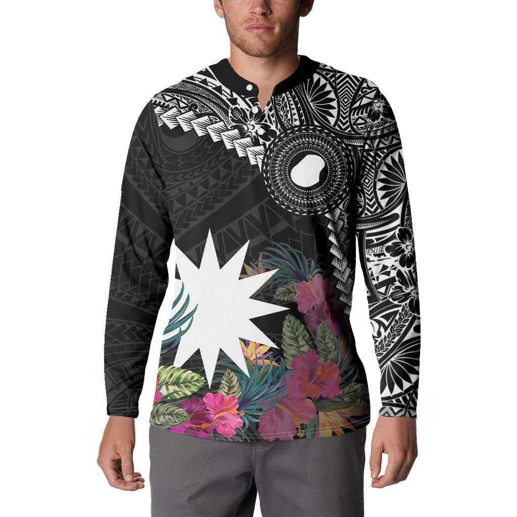 Black Nauru Button Sweatshirt Naoero Map With Polynesian Tropical Flowers LT14 - Polynesian Pride