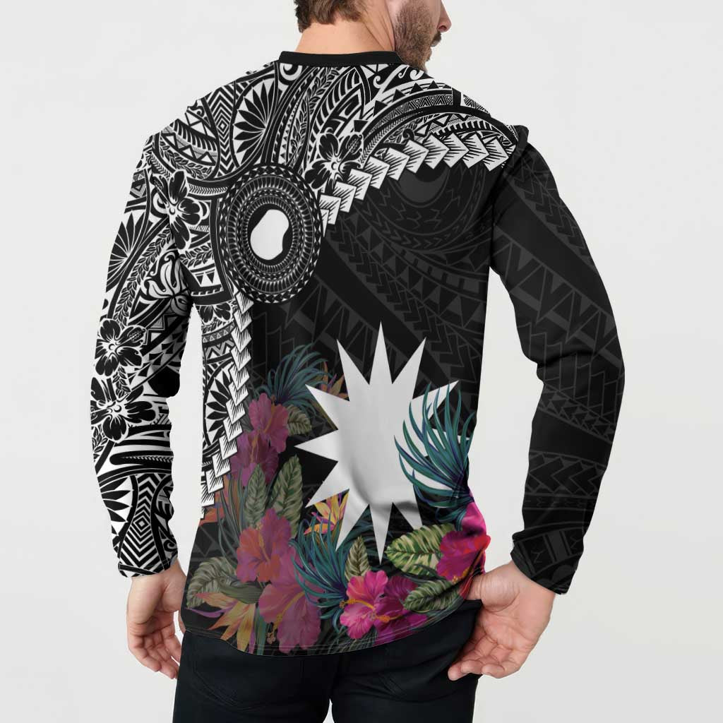 Black Nauru Button Sweatshirt Naoero Map With Polynesian Tropical Flowers LT14 - Polynesian Pride