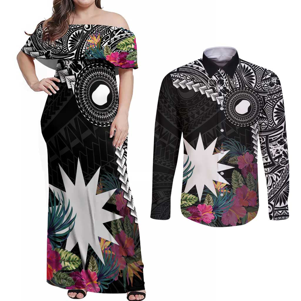 Black Nauru Couples Matching Off Shoulder Maxi Dress and Long Sleeve Button Shirt Naoero Map With Polynesian Tropical Flowers LT14 Black - Polynesian Pride