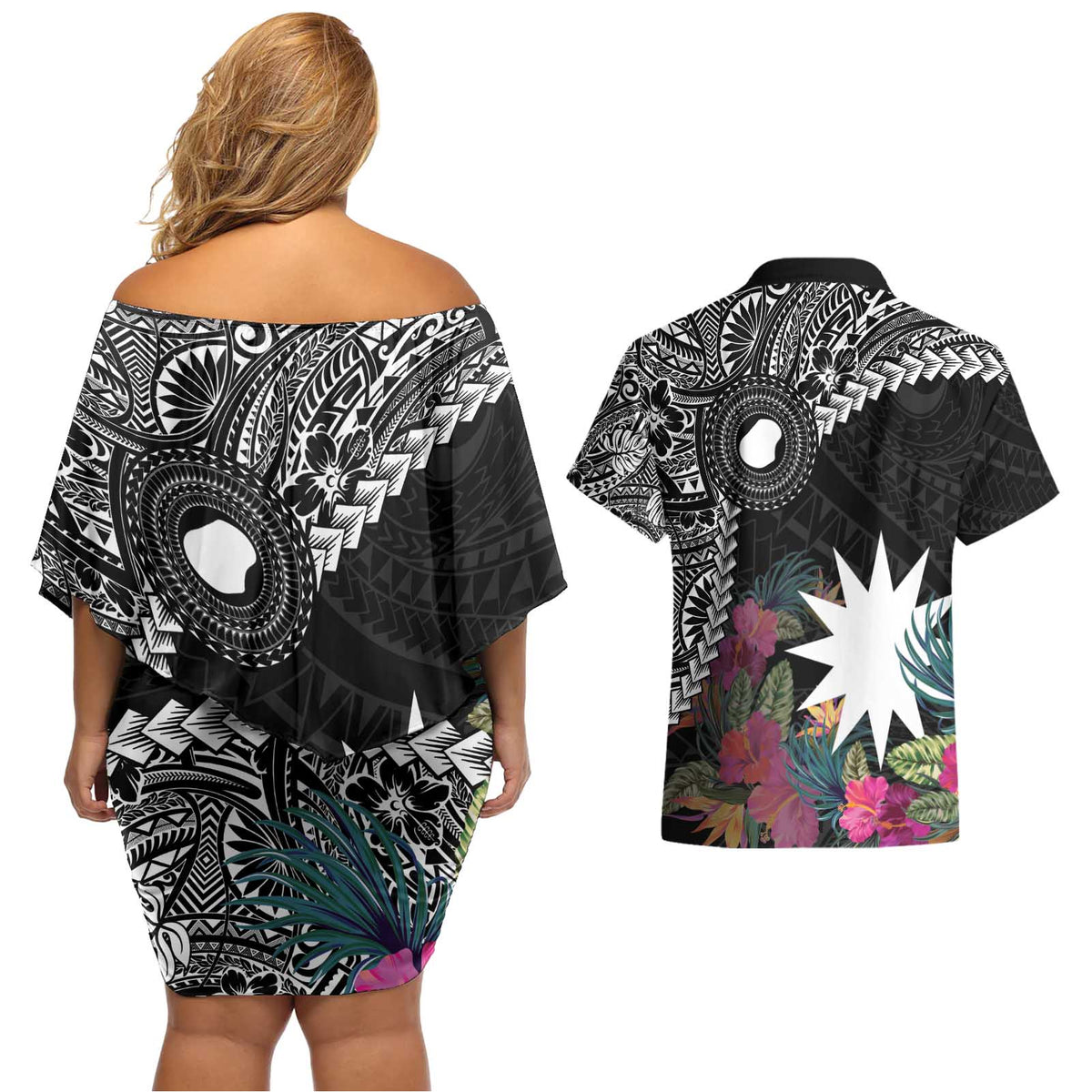 Black Nauru Couples Matching Off Shoulder Short Dress and Hawaiian Shirt Naoero Map With Polynesian Tropical Flowers