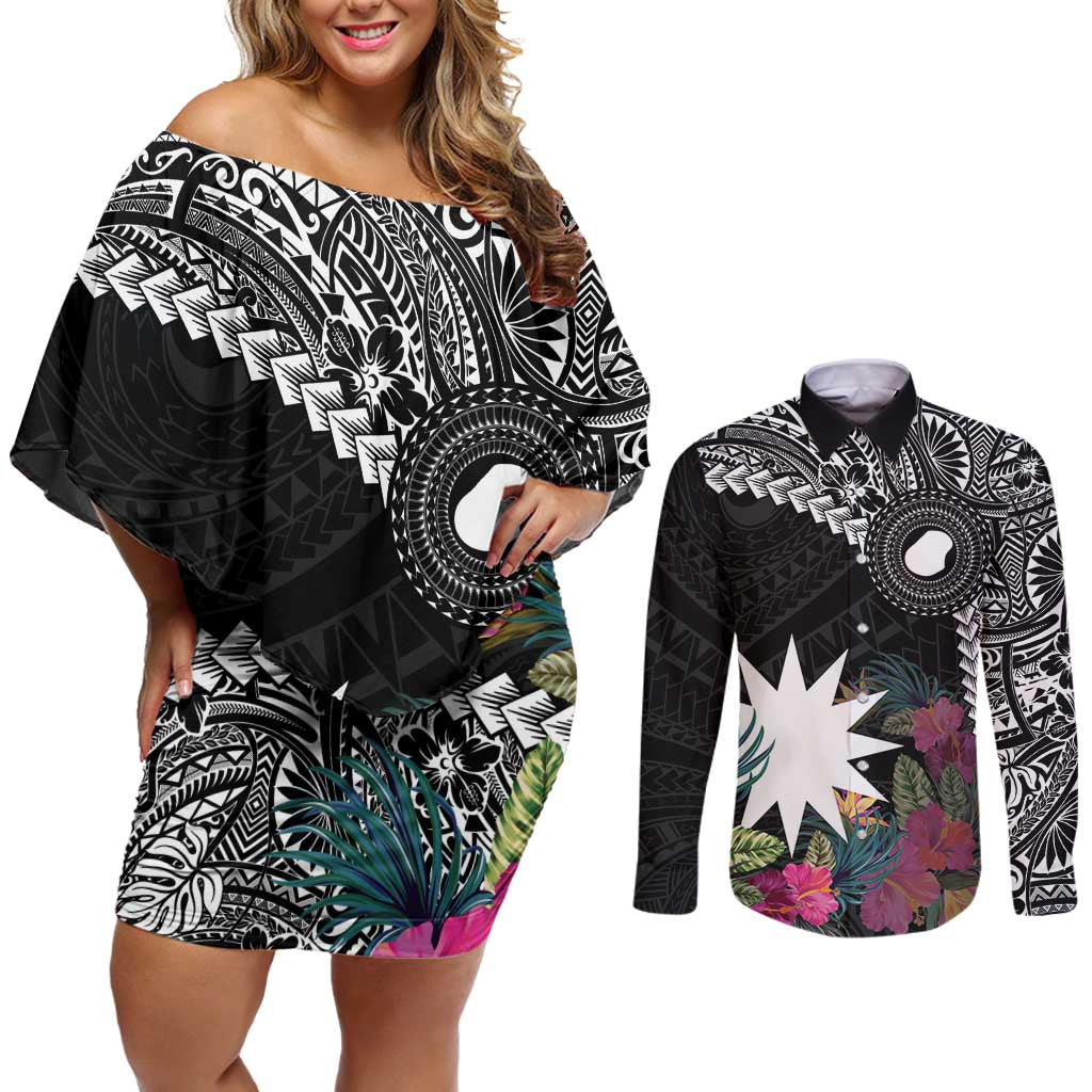 Black Nauru Couples Matching Off Shoulder Short Dress and Long Sleeve Button Shirt Naoero Map With Polynesian Tropical Flowers LT14 Black - Polynesian Pride
