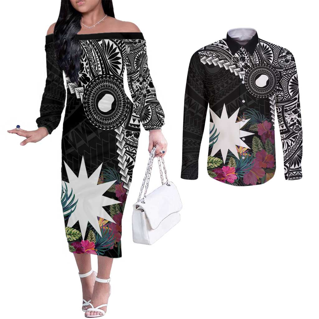 Black Nauru Couples Matching Off The Shoulder Long Sleeve Dress and Long Sleeve Button Shirt Naoero Map With Polynesian Tropical Flowers LT14 Black - Polynesian Pride