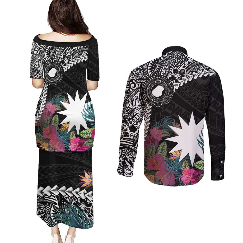 Black Nauru Couples Matching Puletasi and Long Sleeve Button Shirt Naoero Map With Polynesian Tropical Flowers